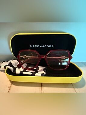Marc Jacobs Burgundy Red Frame Sunglasses with Yellow Case Accent